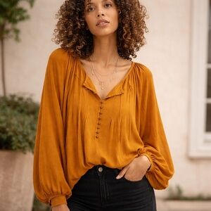 Free People Mustard Textured Knit Devin Henley Bishop Sleeve Blouse Boho XS